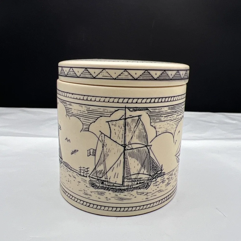 Vtg Comoy's of London Round Faux Scrimshaw Trinket Box Nautical Sailing Ship Lid